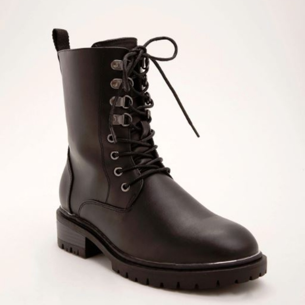 Black Faux Leather & Metal Heel Combat Boot